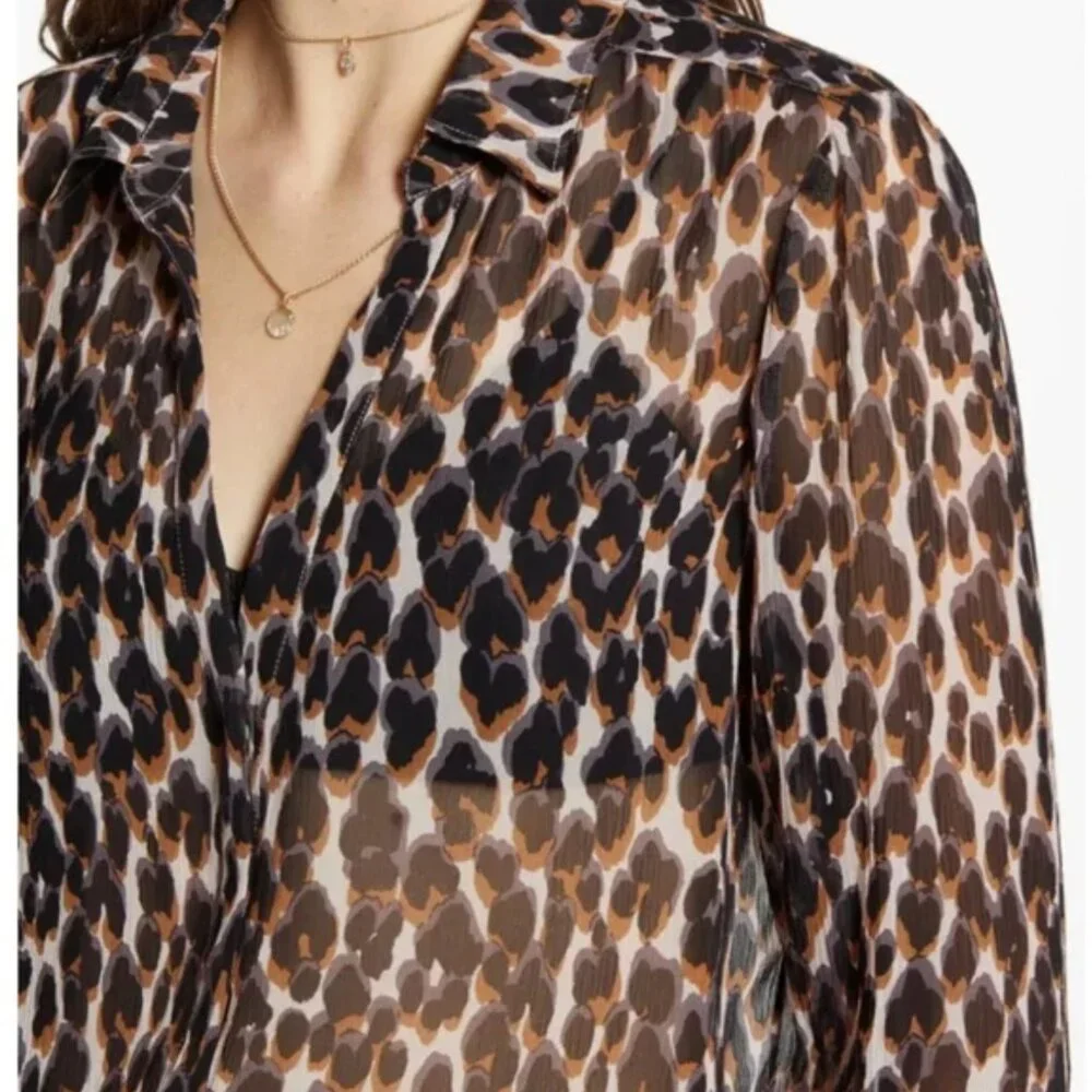 Paige Abriana Blouse Leopard Animal Print Top Shirt Zephyr Button Collared M L - Picture 2 of 9